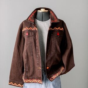 Vintage Brown Denim Jacket with Embroidered Detail Size Large